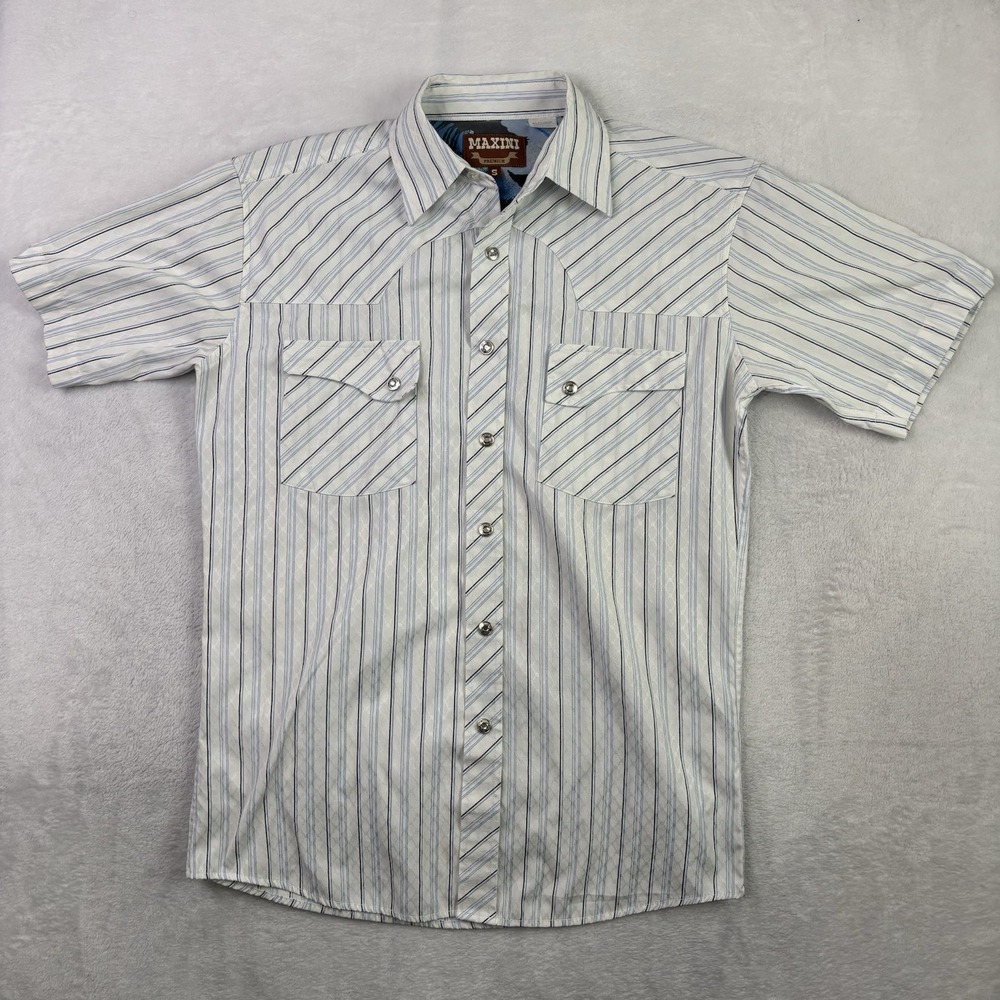 Maxini Premium Striped Short Sleeve Pearl Snap Western Collared Shirt Men's S
